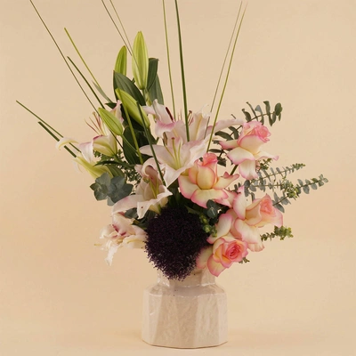 Premium Pink Roses & Lily Vase Arrangement