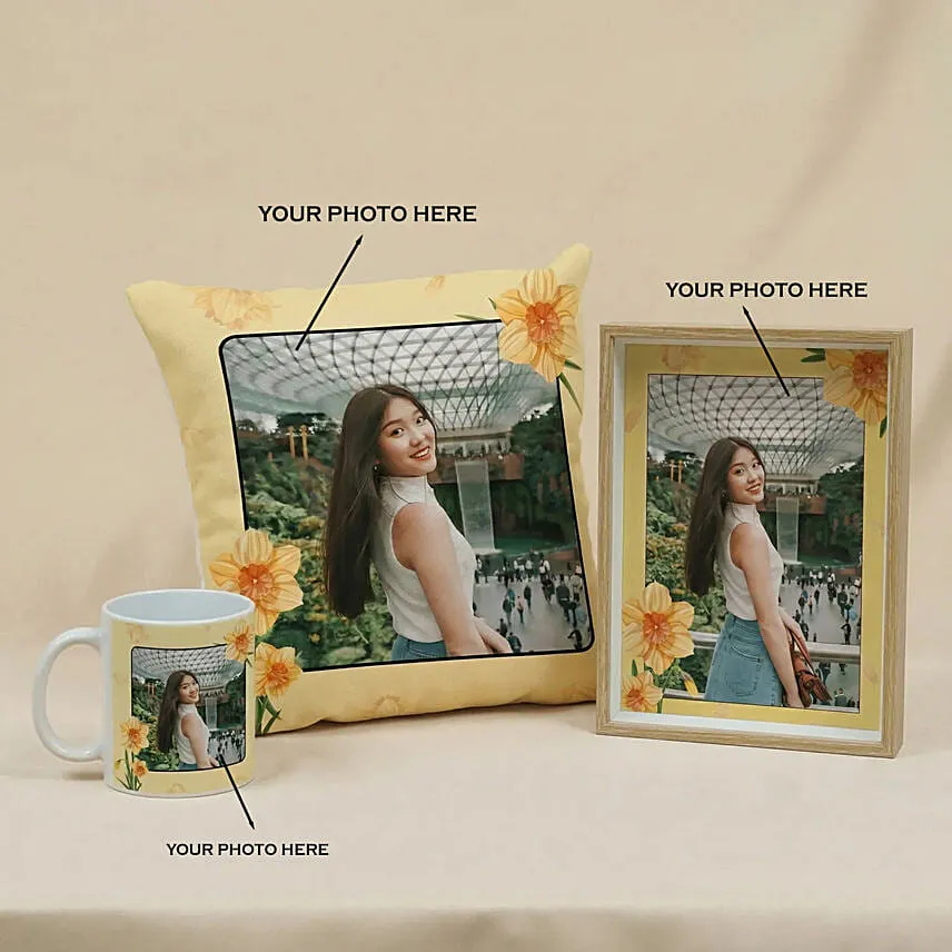 Daffodil Themed Personalised Mug, Cushion and Frame
