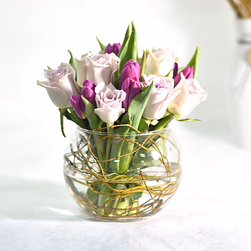 Beautiful Tulips Roses In Fish Bowl With Chocolate Cake