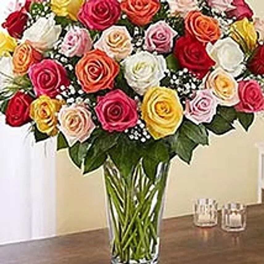 50 Assorted Roses In Glass Vase Add