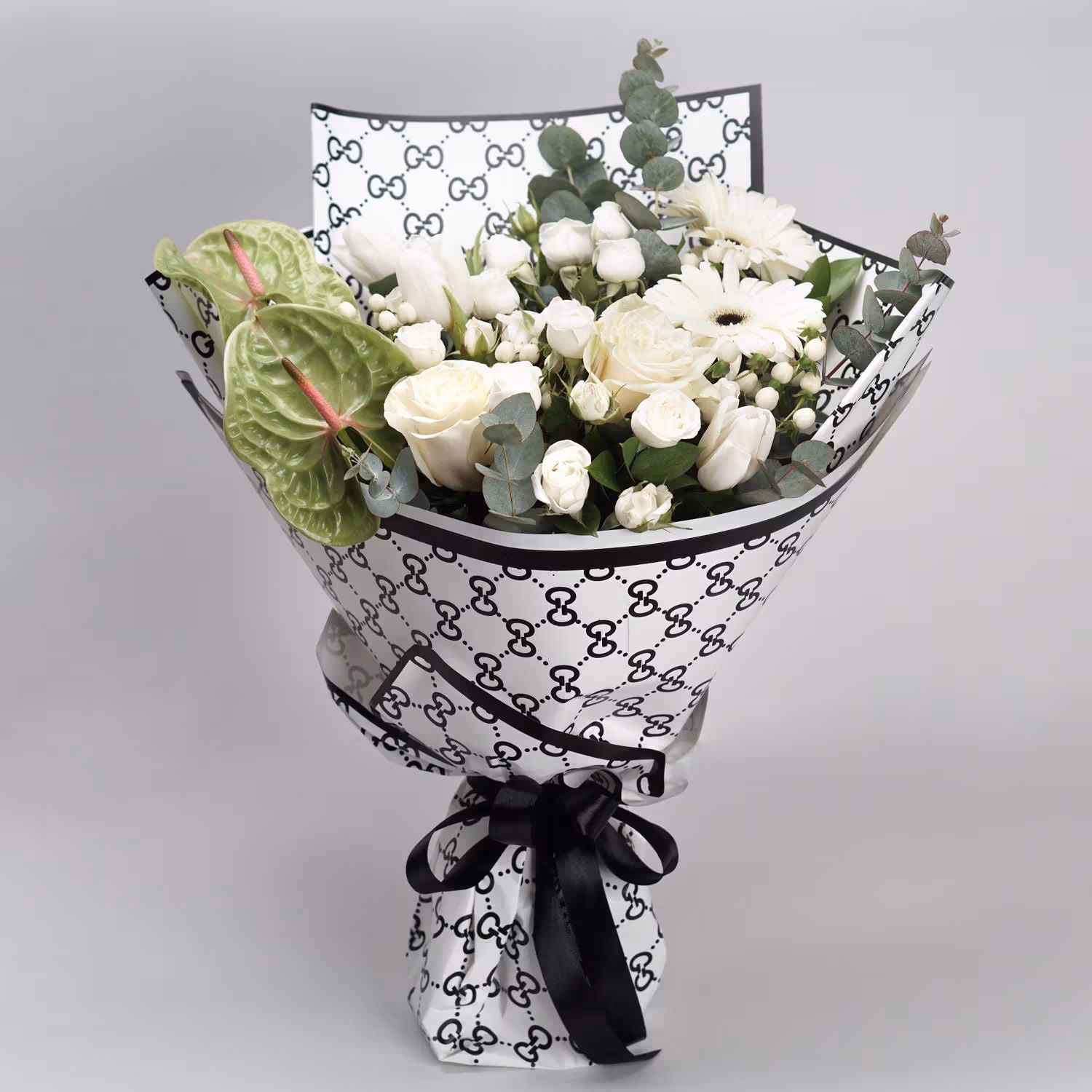 Elegant Gucci Wrapped Bouquet of Mixed White Flowers