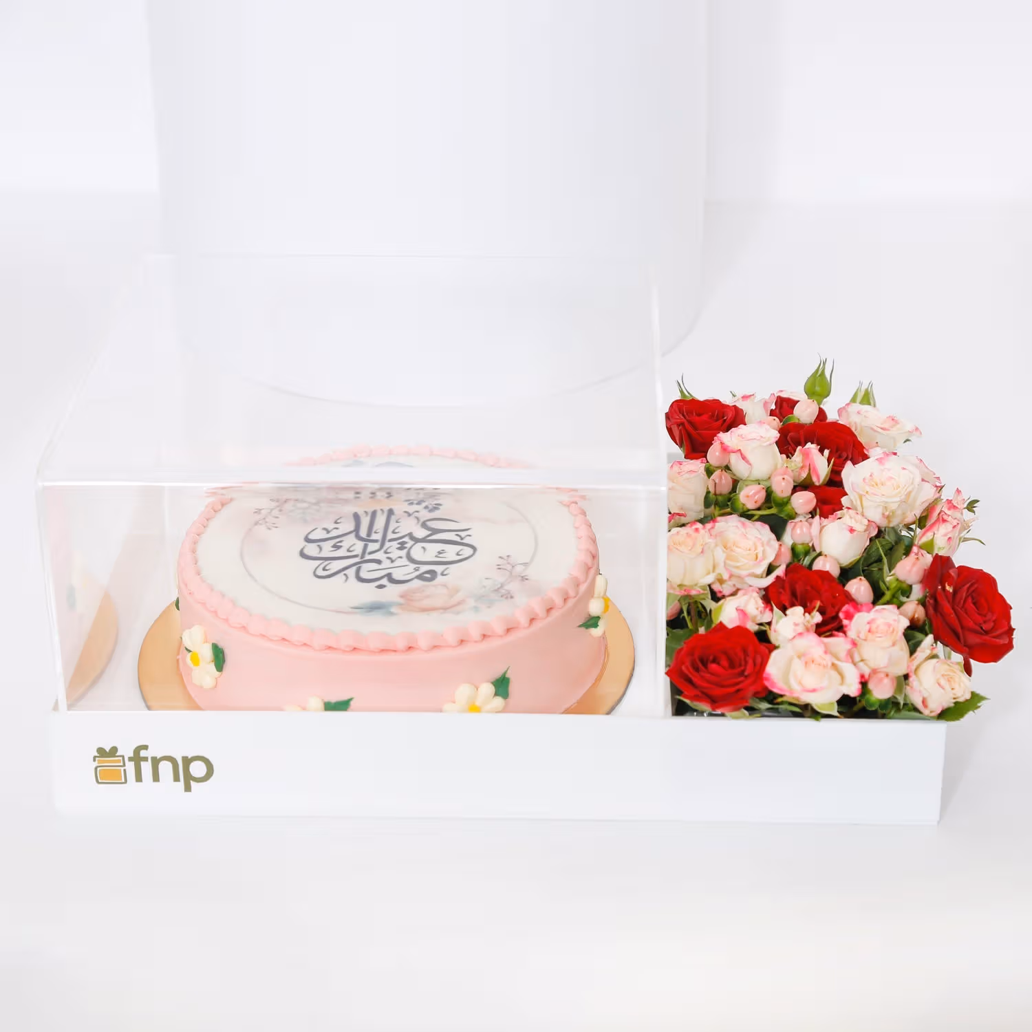 Elegant Pink Eid Mubarak Cake with Floral Arrangement in Acrylic Box