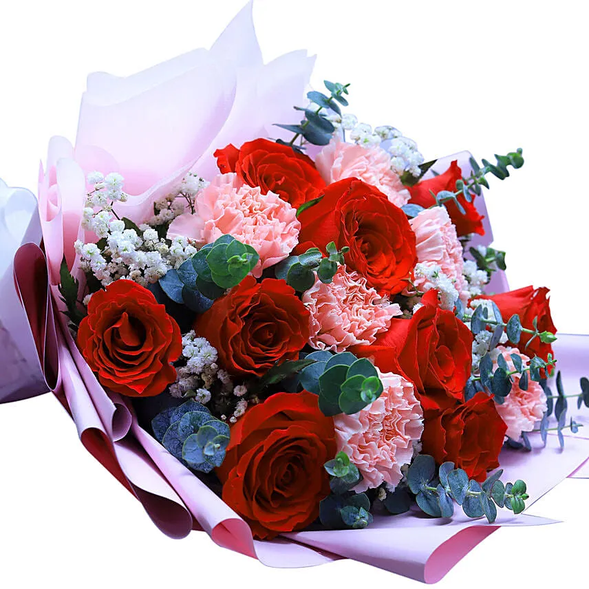 Rose & Carnation Bouquet With Mini Mousse Cake For Love