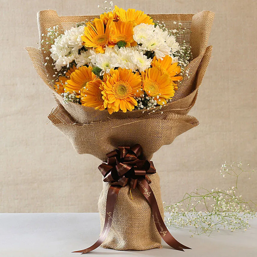 Lovely Yellow White Flowers Jute Bouquet With Chocolate