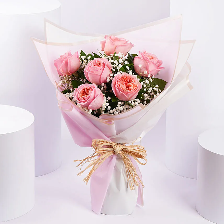 6 Pink Garden Roses Premium Bouquet