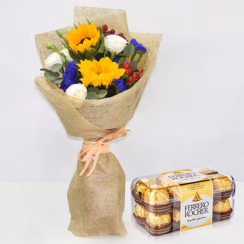 Appealing Mixed Flowers Bouquet With Ferrero Rocher