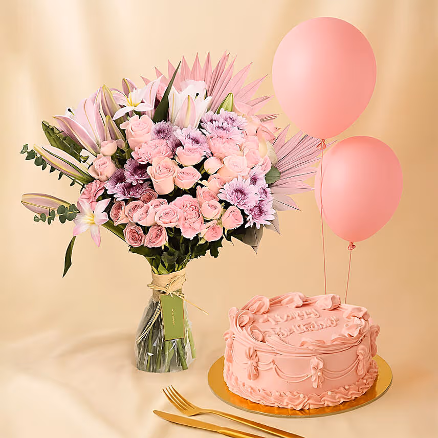 Blushes - Pink Flowers Bouquet Balloons n 6 inches Cake