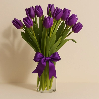 Exquisite Purple Tulips in Elegant Glass Vase - 10 Stems