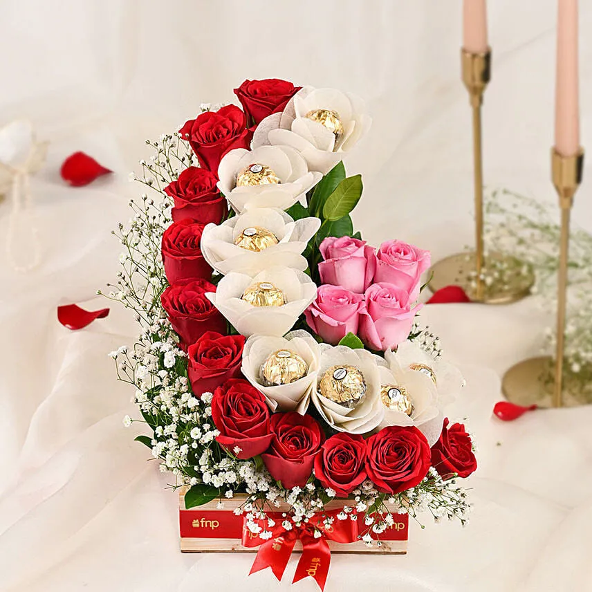 Red Roses Ferrero Rocher Arrangement In Round FNP Box