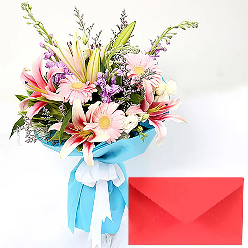 Attractive Gerberas And Lavender Flower Bouquet with Greeting Card