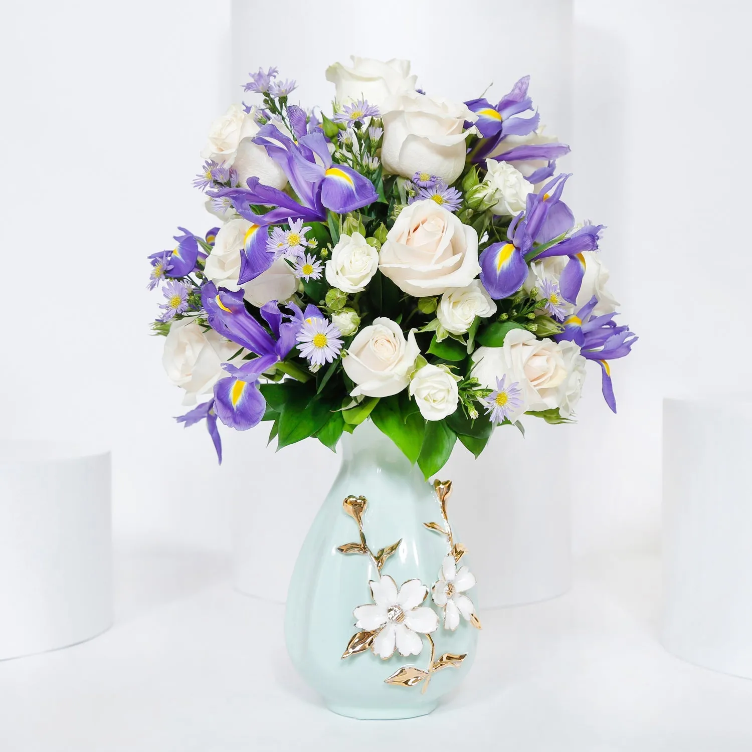 Iris & Roses in Premium Vase