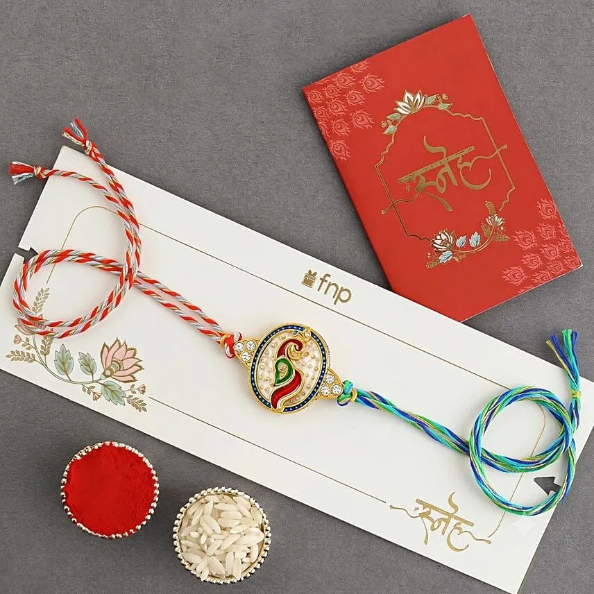 Multicolor Peacock Rakhi with Blue and Red Thread with Ferrero Rochers