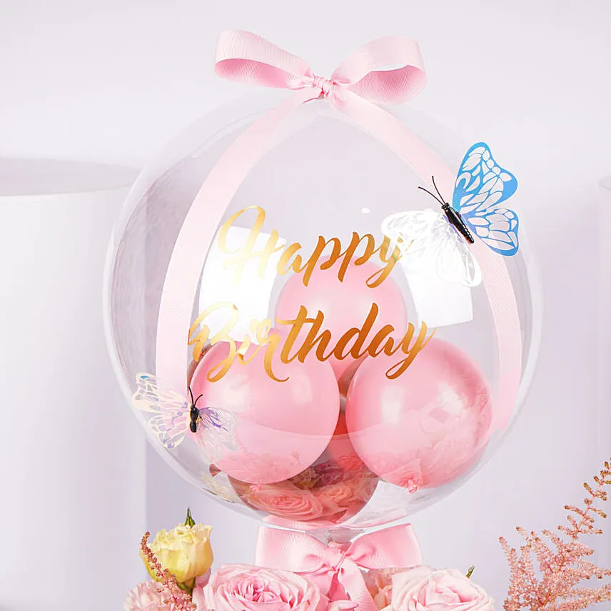 Pink Birthday Flower Basket With Balloon