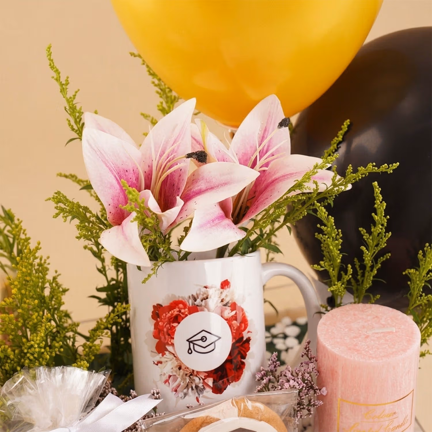 Pink Lily Women Graduation Gift Hamper n Balloons