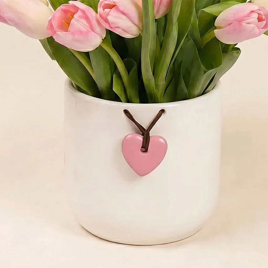 Pink Tulips In Premium Ceramic Vase