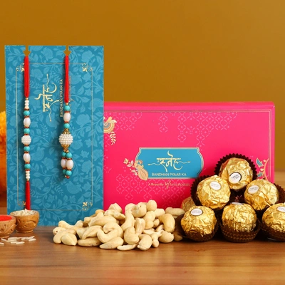 Elegant Blue Pearl Lumba Rakhi Set with Premium Cashews and Ferrero Rocher