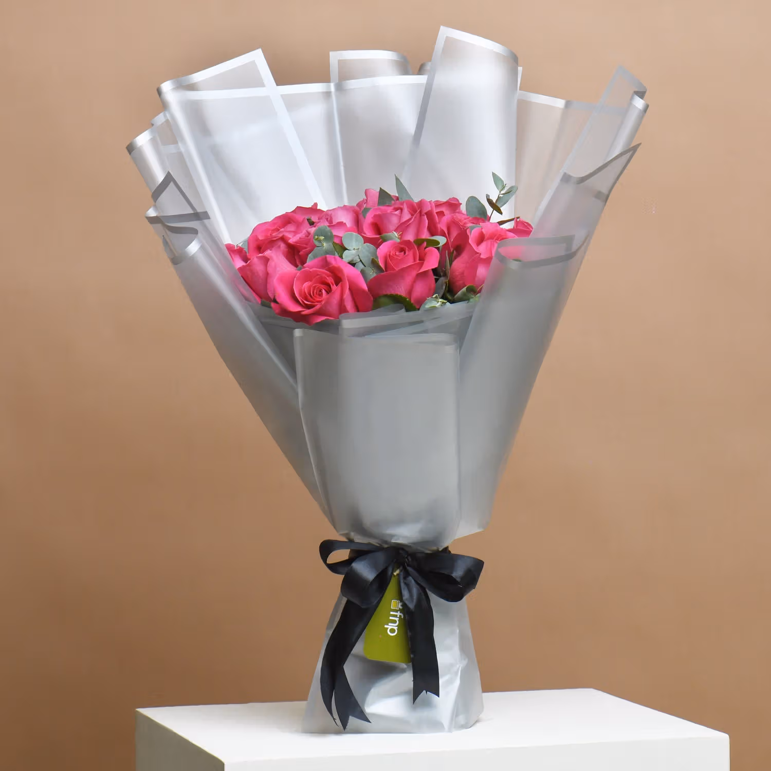 Elegant Bouquet of Rosy Hues: Dark Pink Roses with Eucalyptus