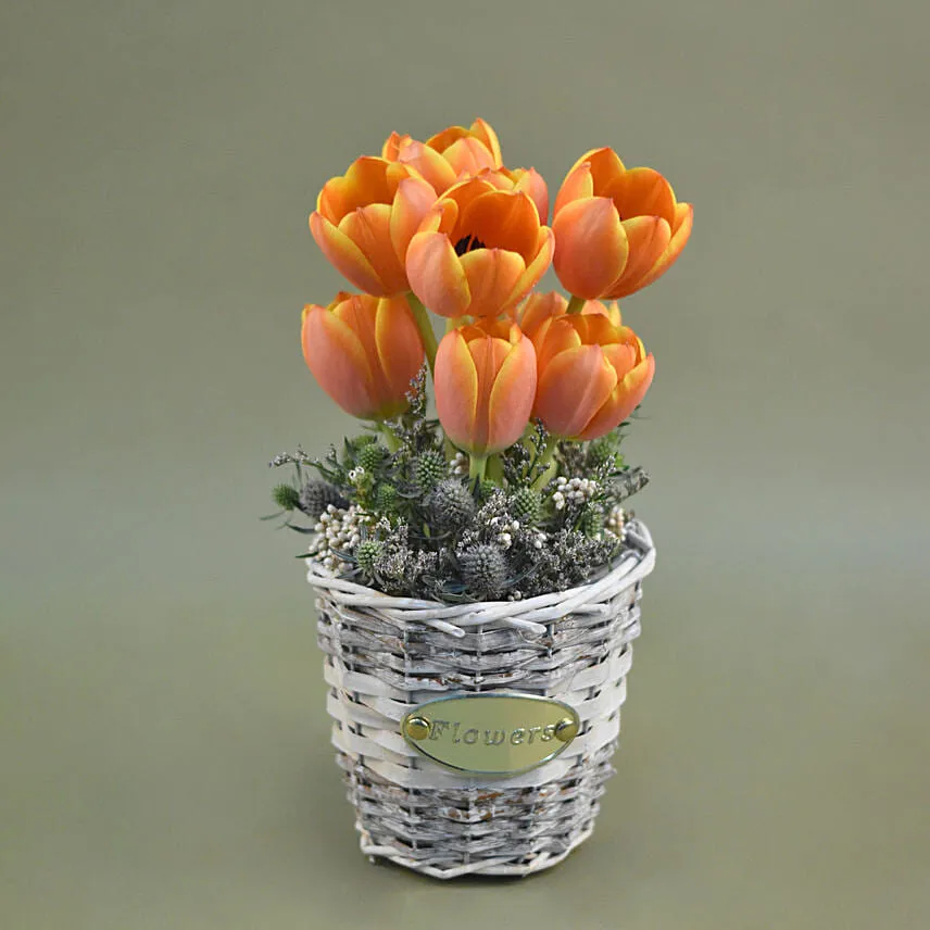 Orange Tulips Willow Basket