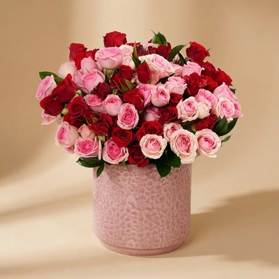 Sweet Embrace Red and Pink Spray Roses in Elegant Pink Vase - Arrangement
