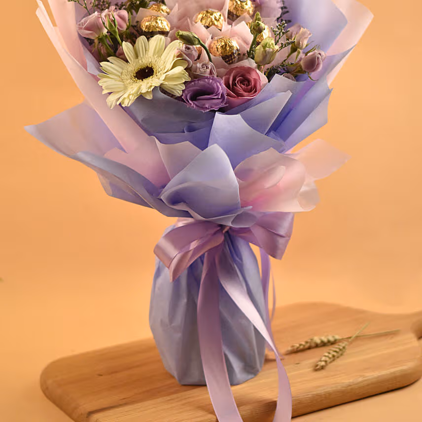 Mixed Flowers & Ferrero Rocher Bouquet With I Love You Table Top For Love