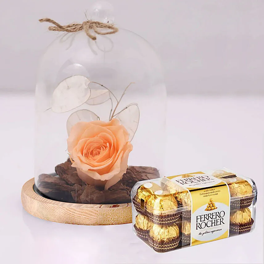 Ferrero Rocher & Forever Rose In Glass Dome- Peach