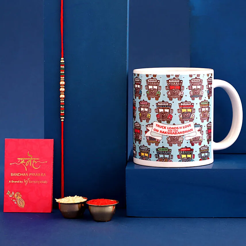 Sneh Colourful Pearl Rakhi with Printed Mug