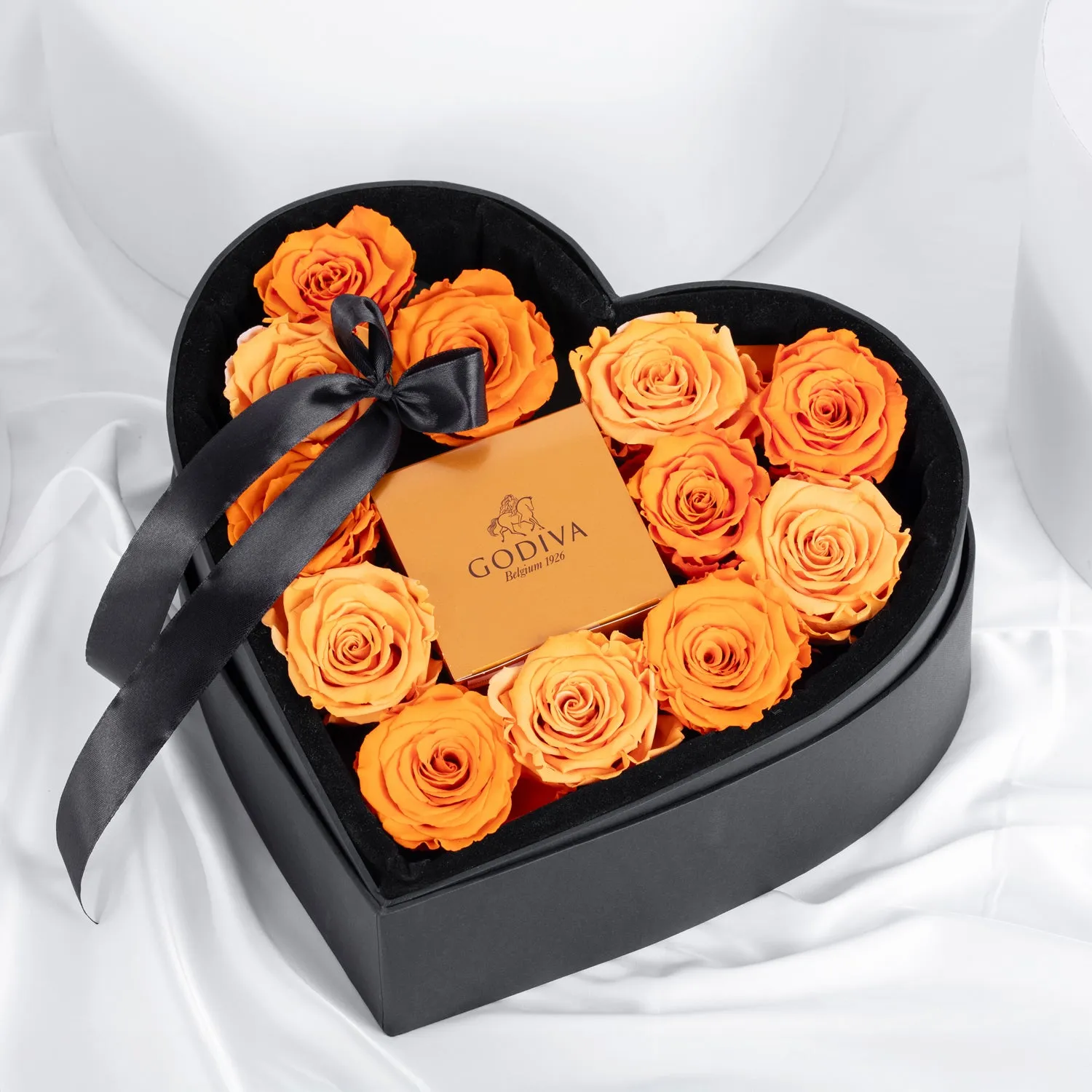Exquisite 12 Orange Forever Roses with Luxurious Godiva Chocolate in Heart-Shaped Box