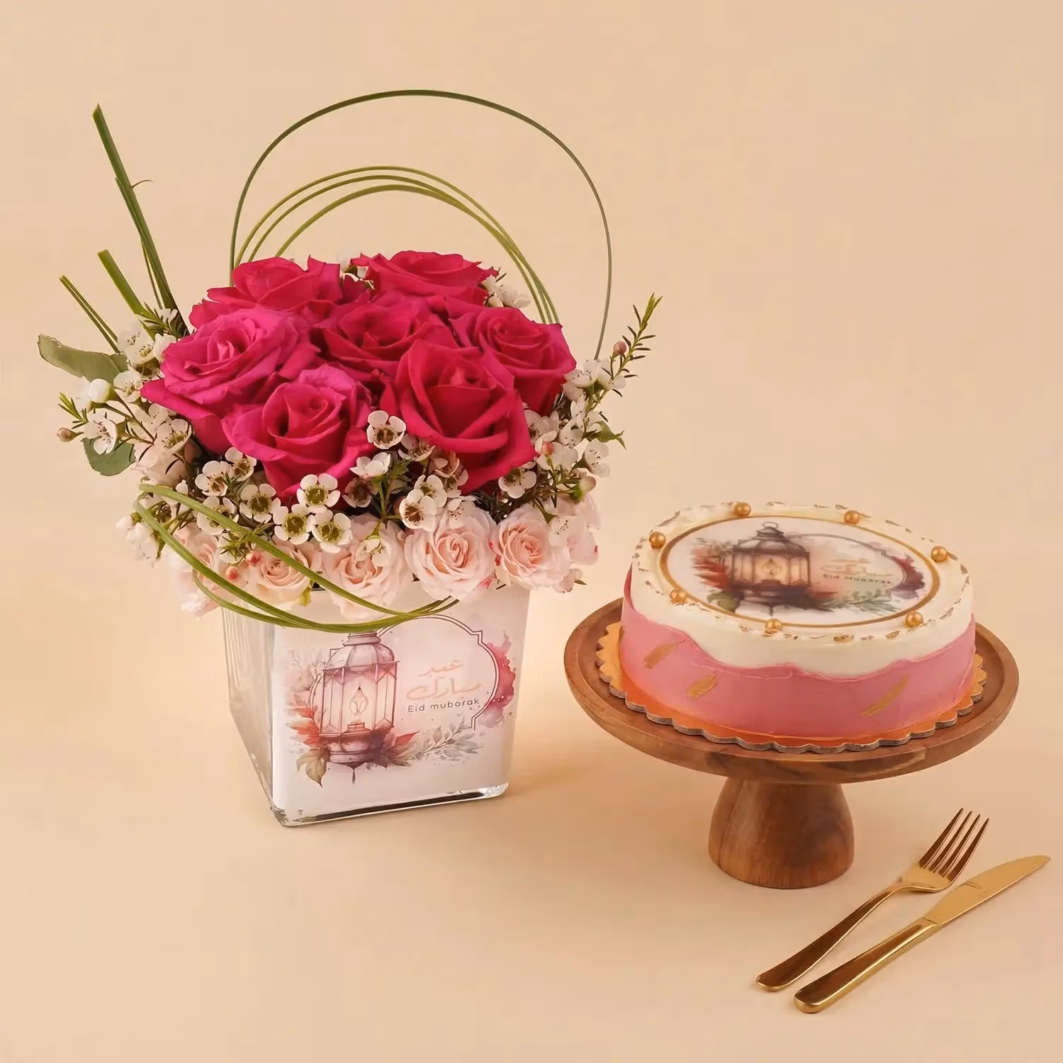Eid Mubarak Pink Roses & Red Velvet Cake Delight