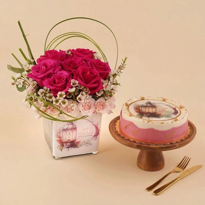 Eid Mubarak Pink Roses & Red Velvet Cake Delight