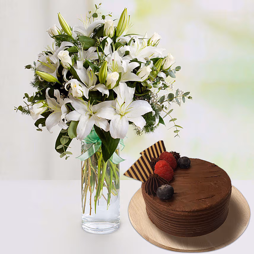 Charm Of White With Lilies And Roses With Chocolate Cake