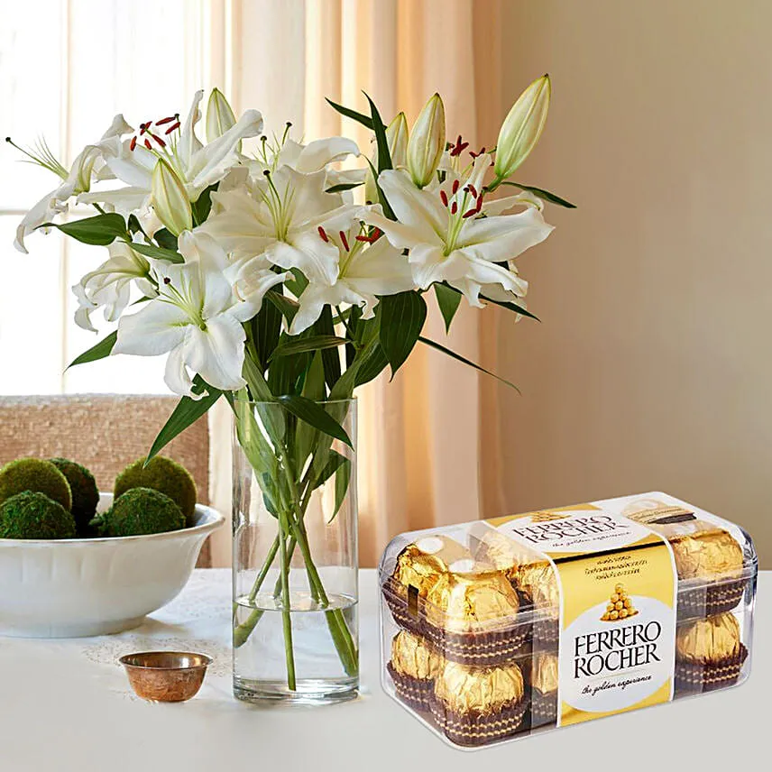 Happiness With Lilies Arrangement And Ferrero Rocher