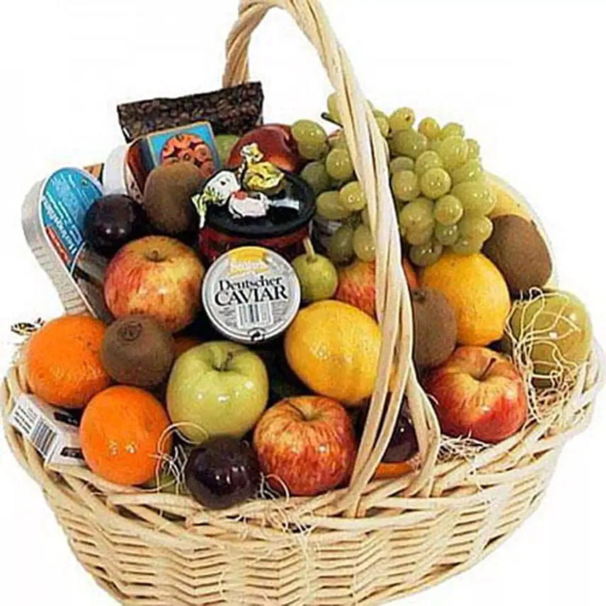 Basket Of Fruits With Roses Bouquet & Champagne