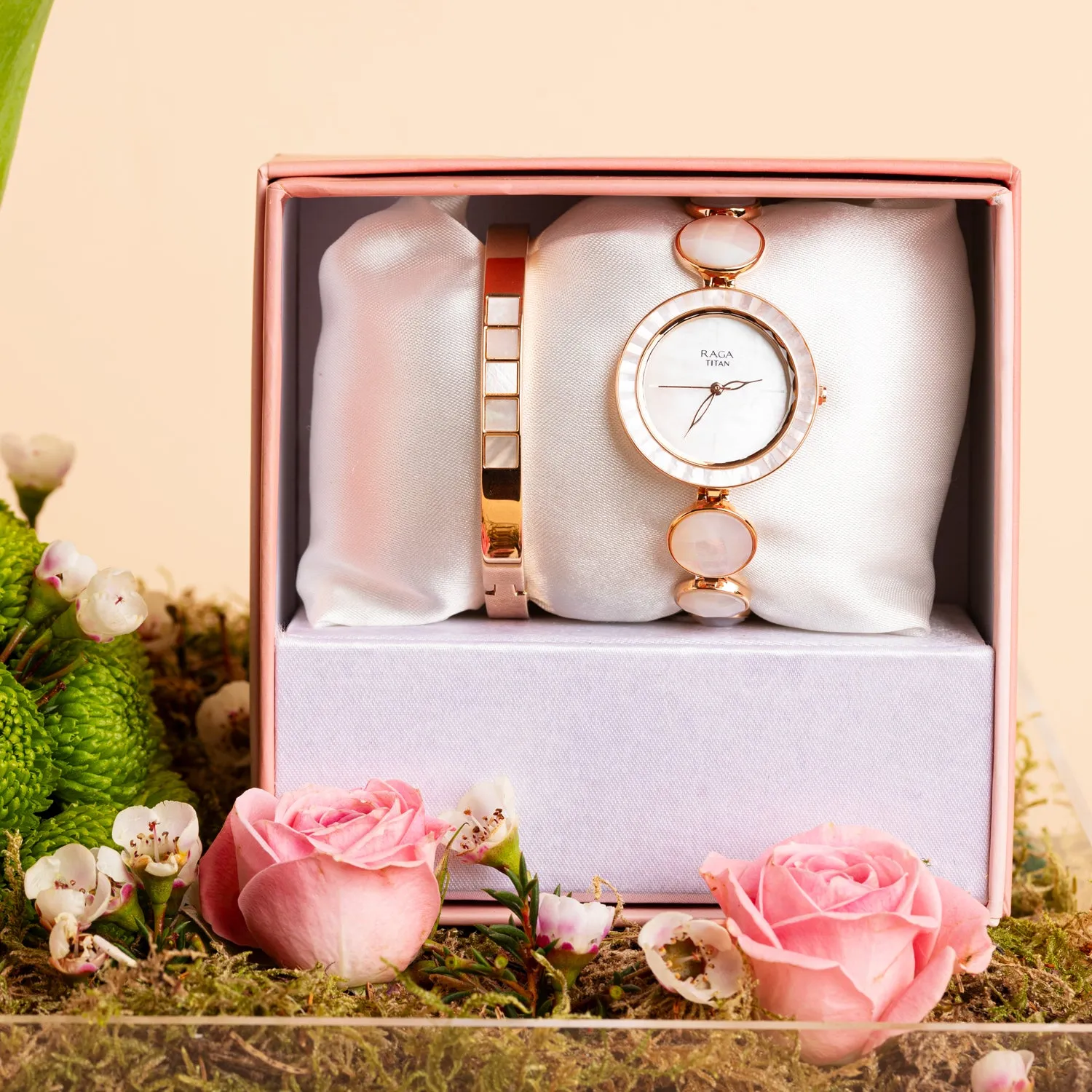 Elegant Gift Set: Loverly Roses and Titan Raga Power Pearls Quartz Analog Watch for Women