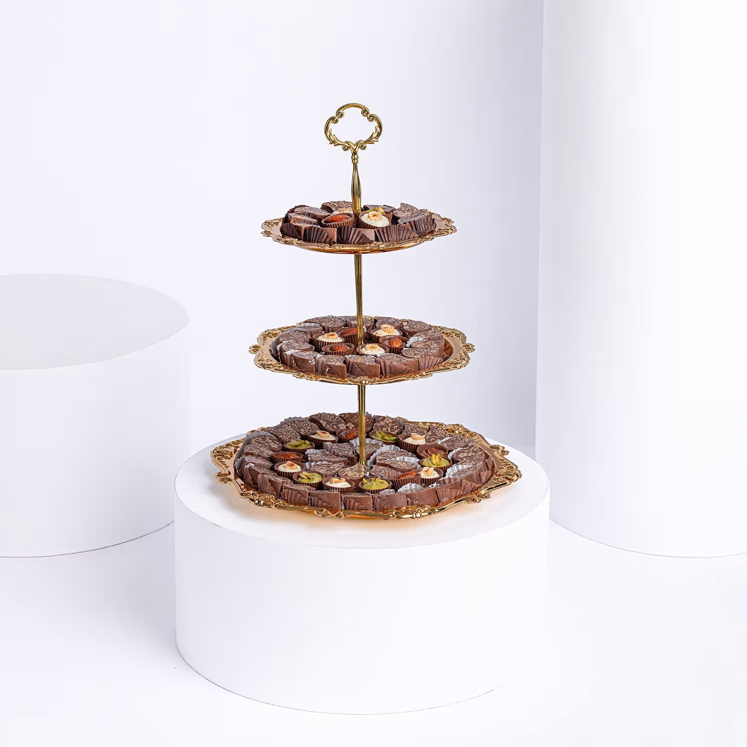 Luxurious Belgian Assorted Chocolates on Elegant 3-Tier Golden Plate