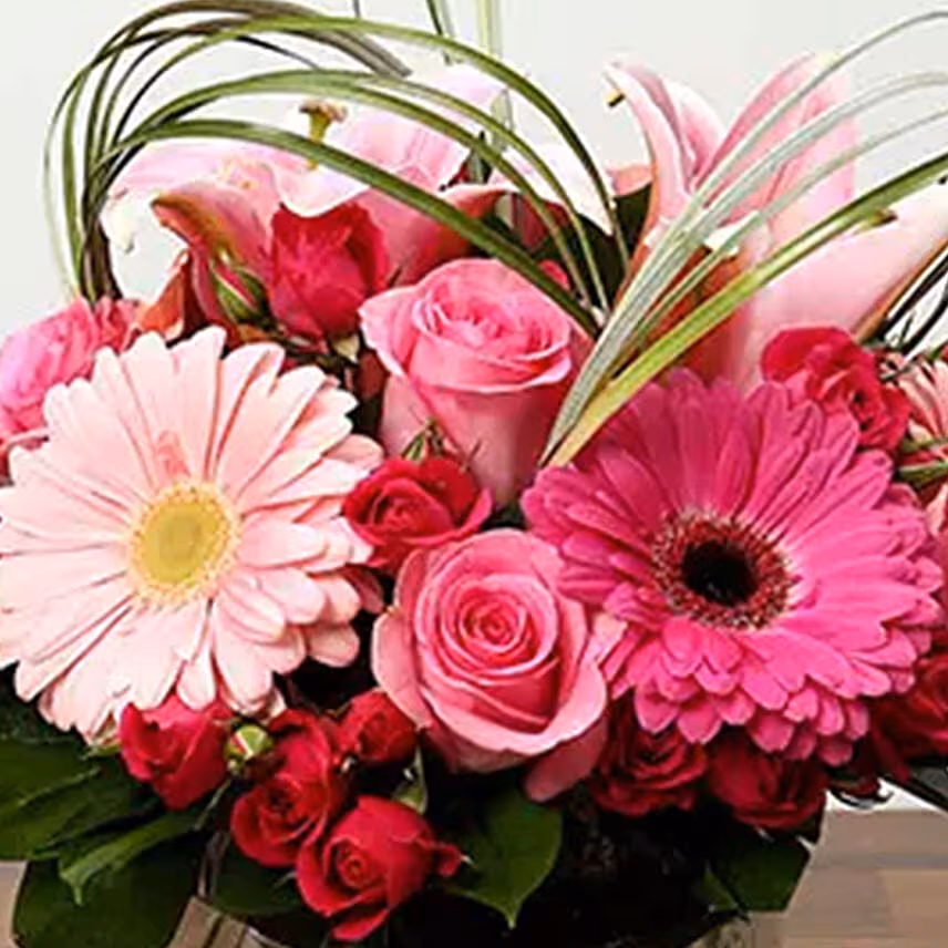 Pink Flowers In Glass Vase With Choco & Cake