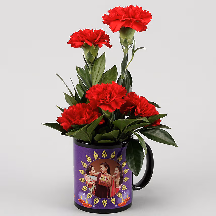 Red Carnations Bunch In Black Personalised Mug