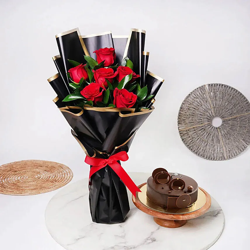 Chocolate Cake with Bunch of 6 Red Roses