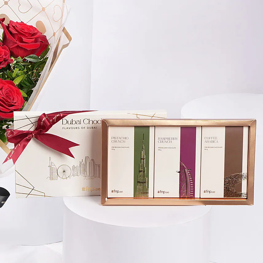 Bouquet of 9 Red Roses With Dubai Chocolates for Valentines