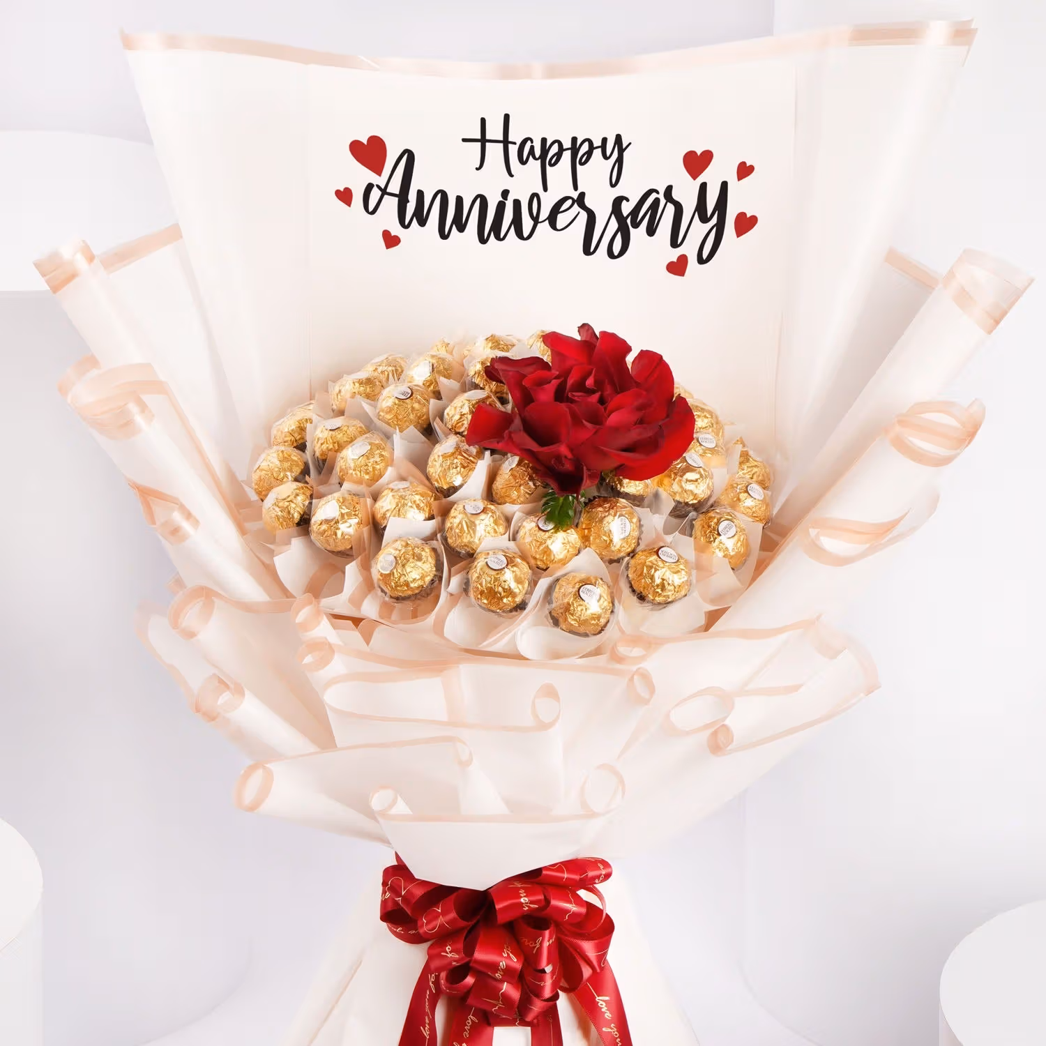 Luxurious Happy Anniversary Rocher Bouquet with Red Rose