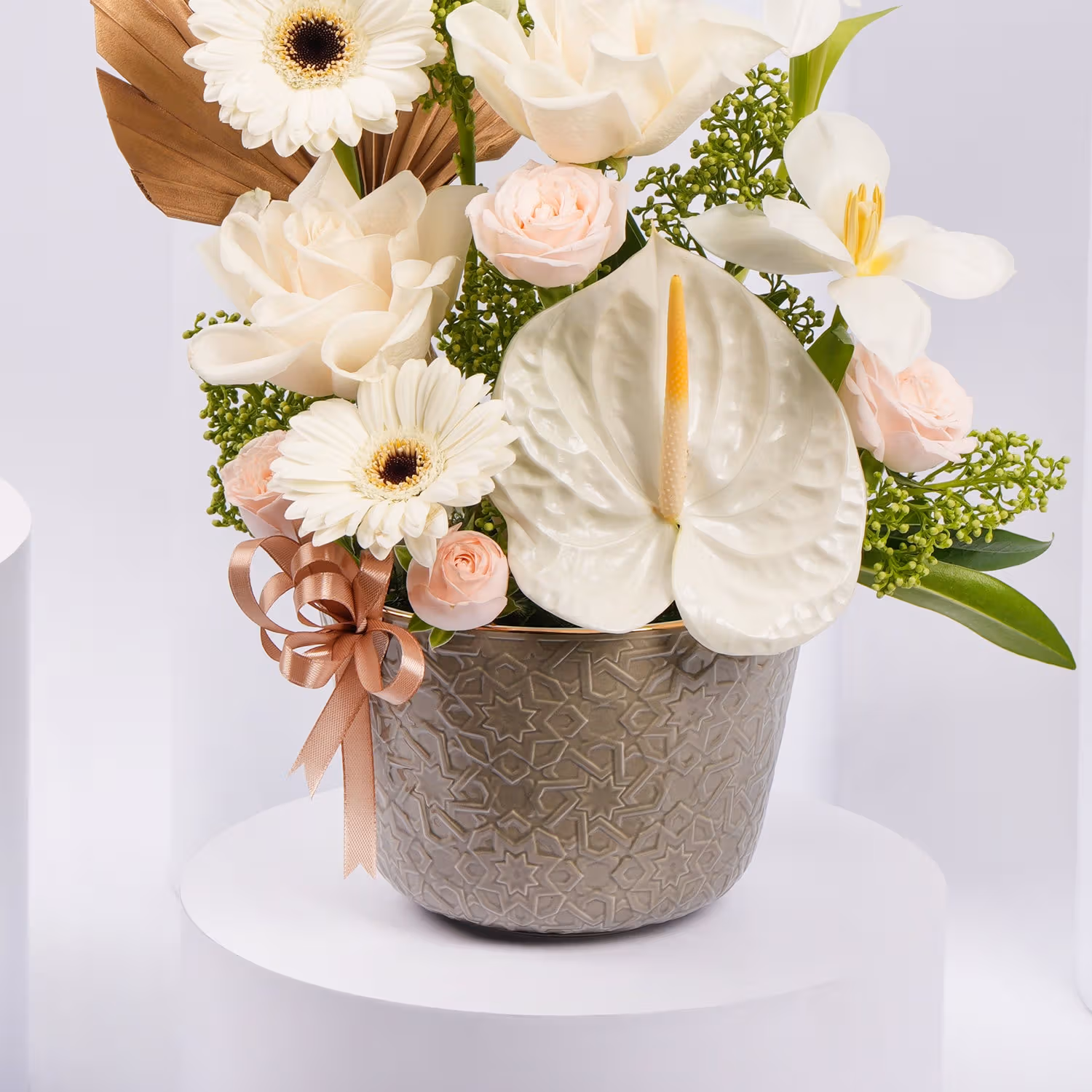 Otantik Home - Elegant Grey Ceramic Vase-White Roses