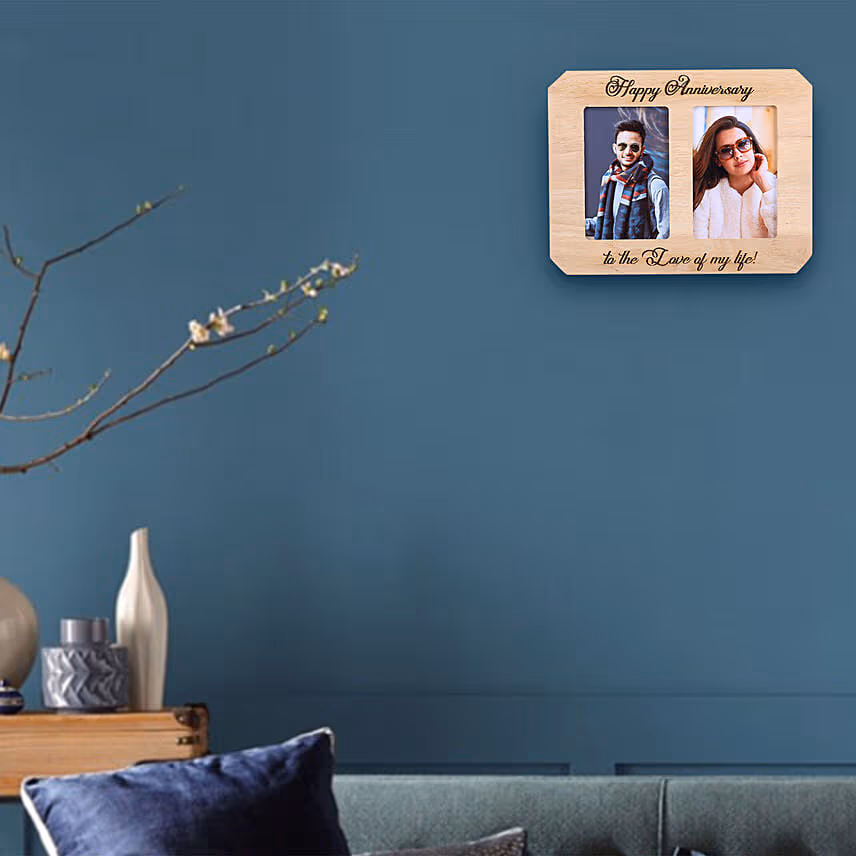 personalised happy anniversary wooden photo frame with card