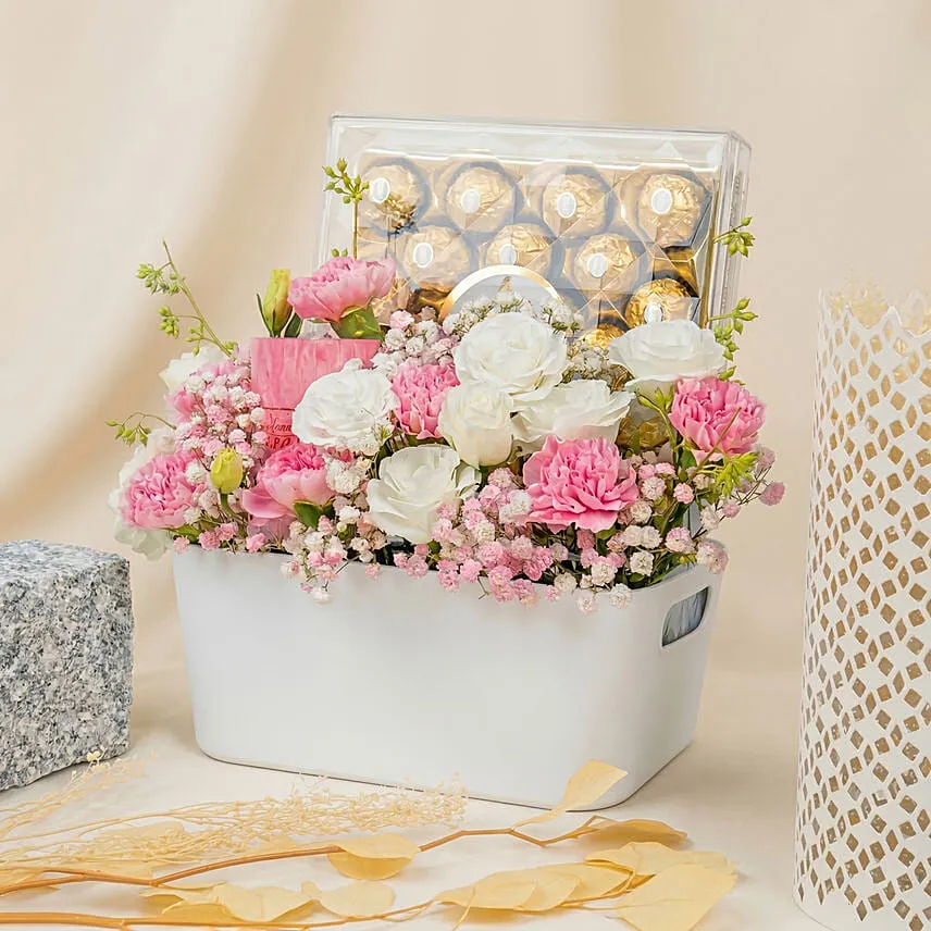Flowers and Fererro Rocher Chocolate Basket