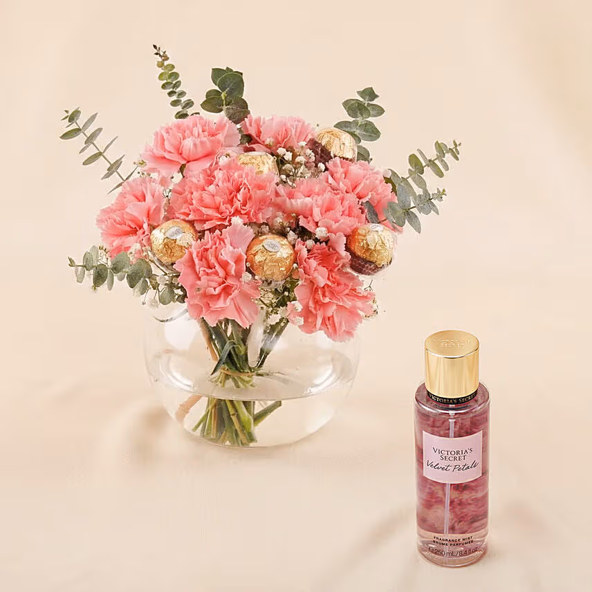 Pink Carnation chocolate Vase Arrangement with Perfume
