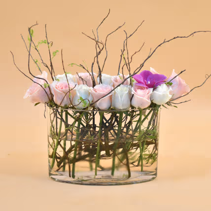 Serene Mixed Flowers Clear Glass Vase