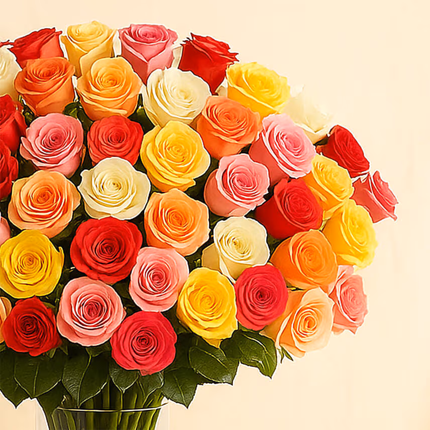Bunch of 99 Mixed Roses In Glass Vase