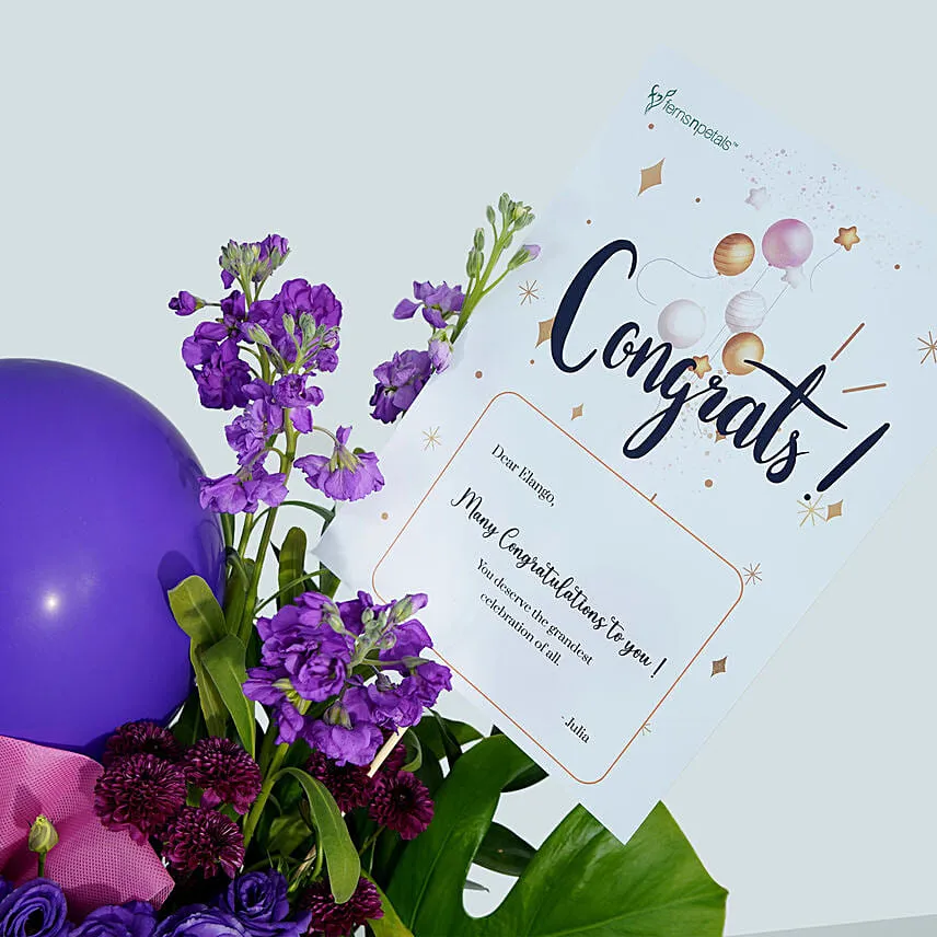 Mixed Flowers Purple Balloons Cardboard Stand