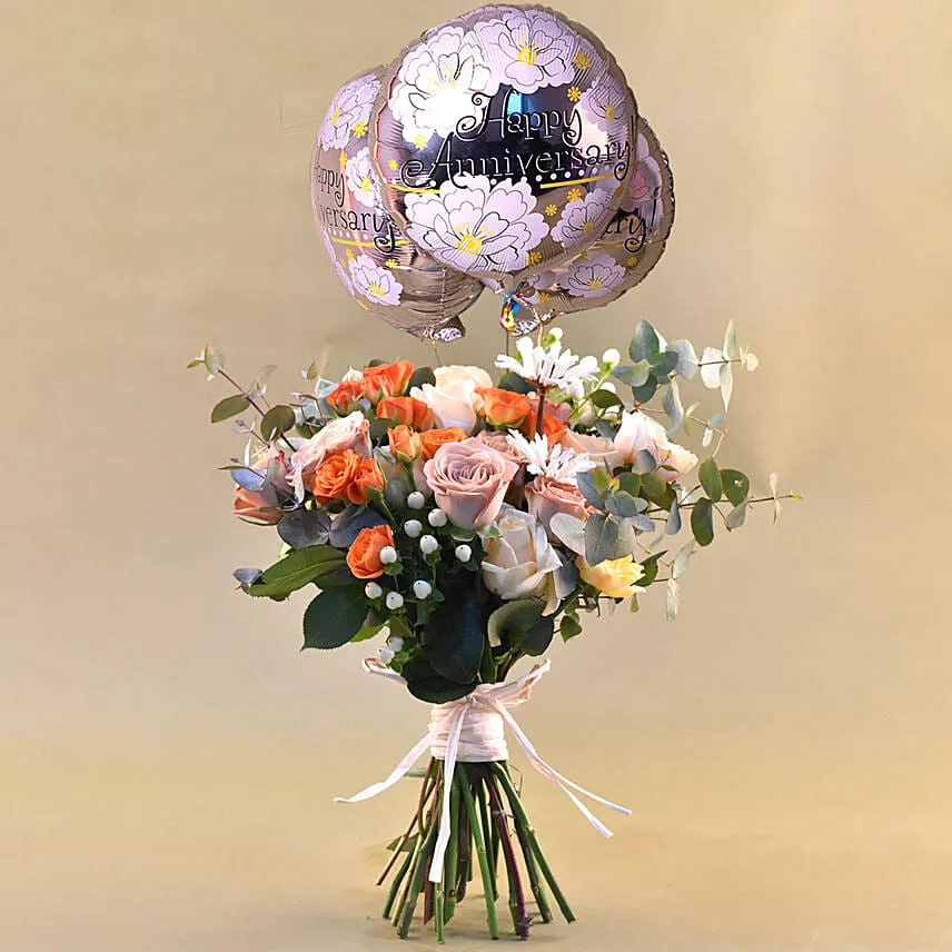 Flamboyant Mixed Flowers Bunch with Anniversary Balloon Set