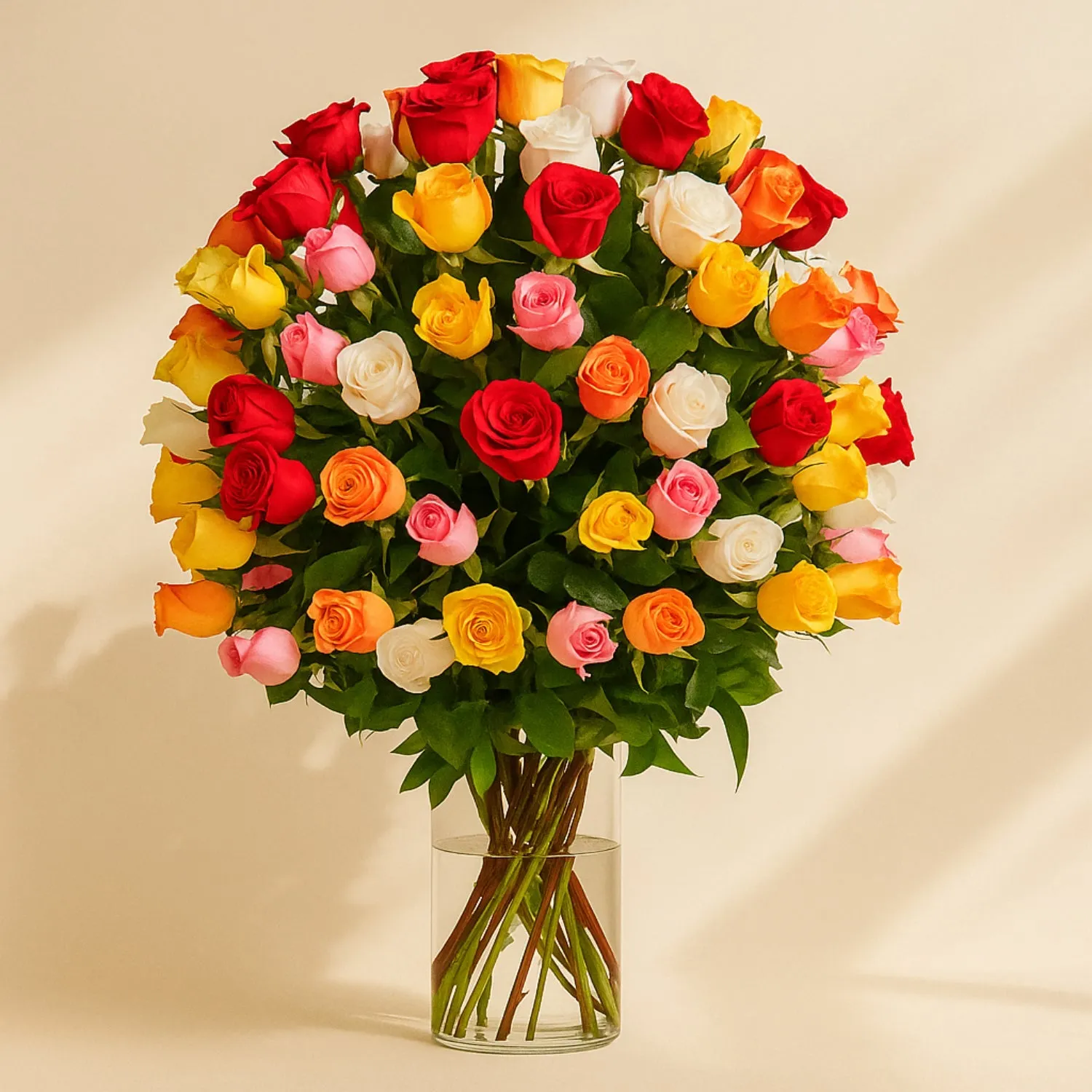 Bunch of 100 Mixed Roses In Glass Vase