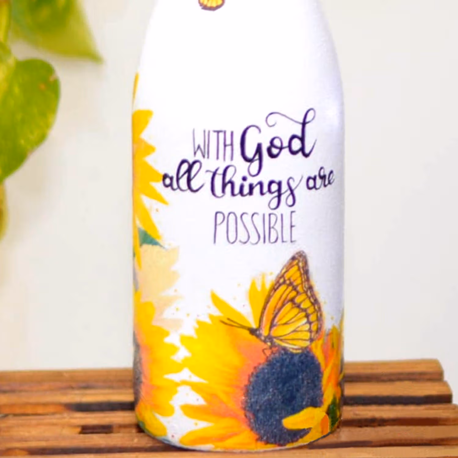 LED Hand-Painted Glass Bottle with Inspirational Quote and Sunflower Design