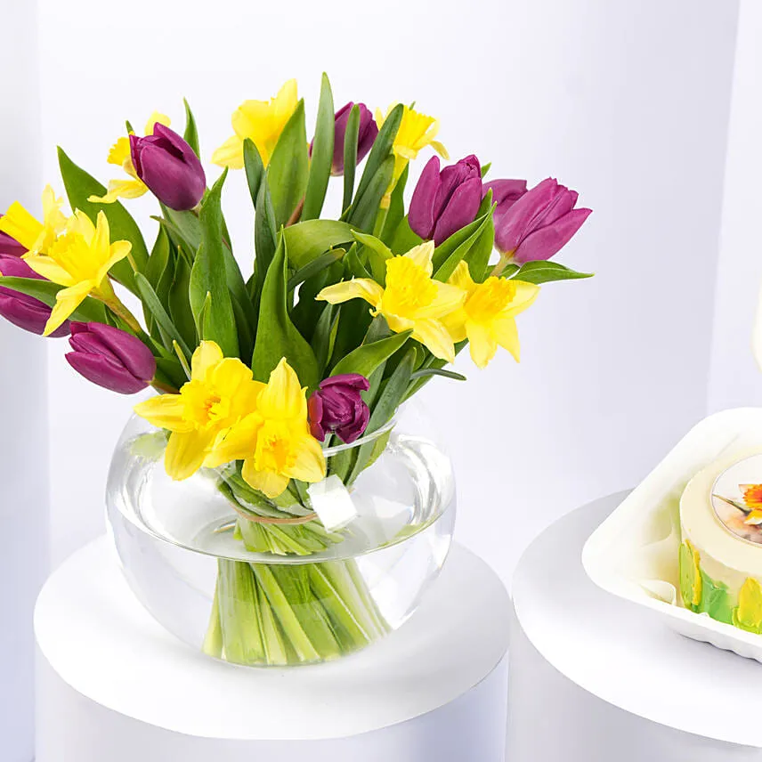 Tulips and Daffodils Beauty in Fish Bowl with Birthday Bento Cake